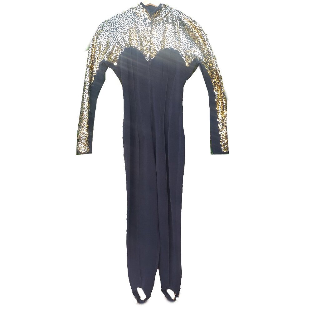 Lillie Rubin Bodycon Jumpsuit Black Knit Gold Sequins Zip Front Vintage 90s